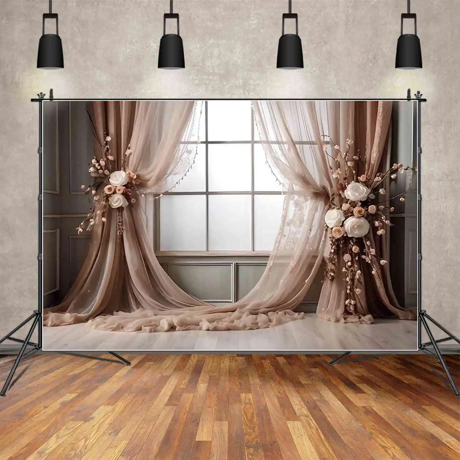 

MOON.QG Block Window Curtain Birthday Backgrounds Women Wood Draping Cloth Flower Backdrops Custom Party Photography Accessories