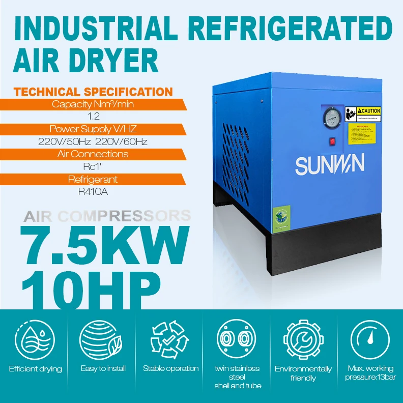 Secador de ar refrigerado de qualidade alimentar 7,5KW em aço inoxidável 304 com certificação CE para produção de linhas de enchimento de fábrica de bebidas
