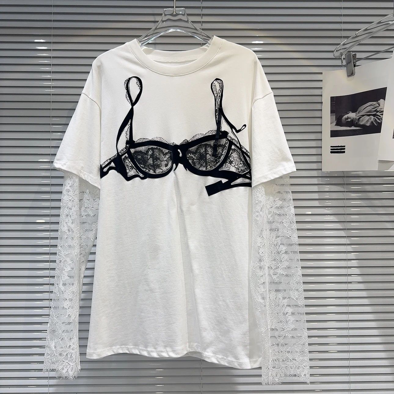 2025 Summer New Arrival | Niche Sweet-Spicy Lace Underwear Print Sunscreen Paneled Lace Sleeve T-Shirt