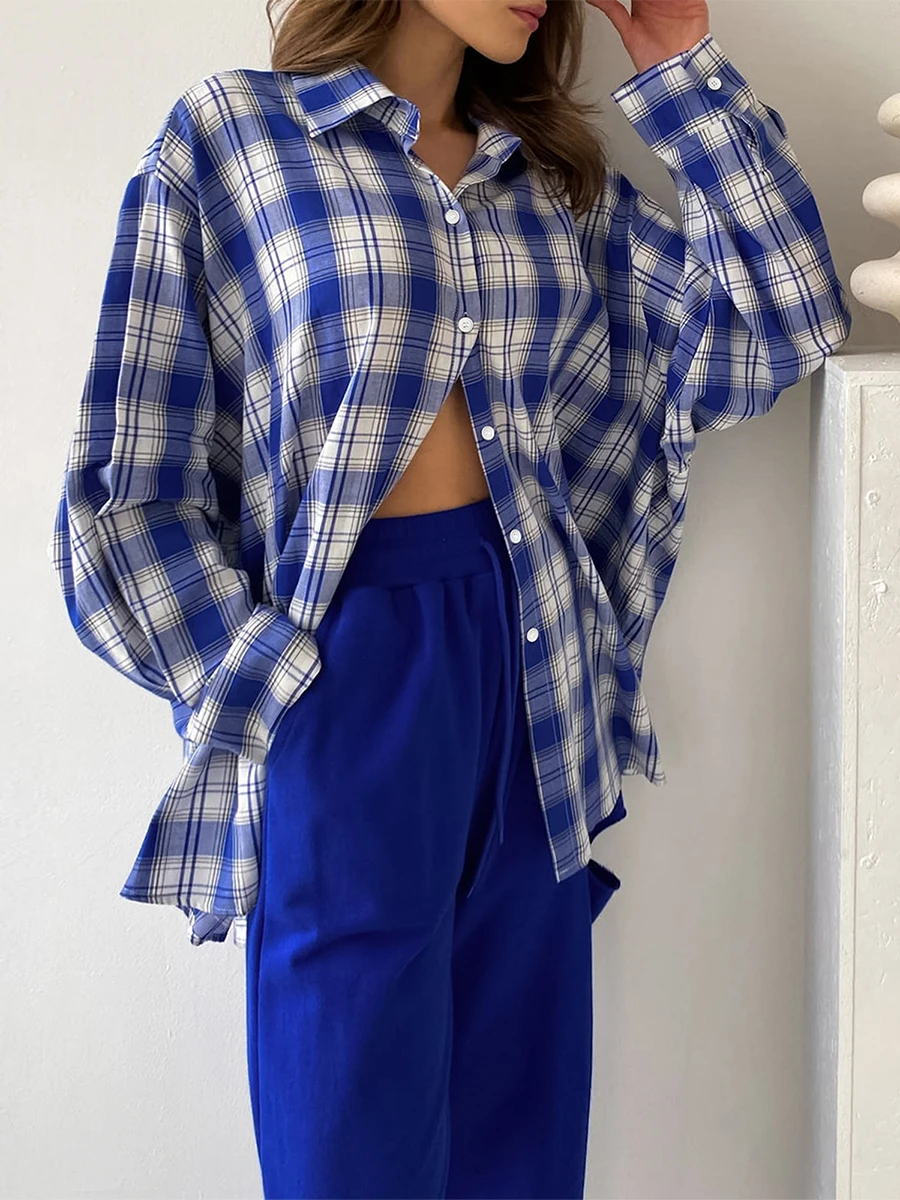 Women Long Sleeve Shirts Plaid Buttons Turn Down Collar Fashion Blouses Spring Loose Casual Tops Streetwear