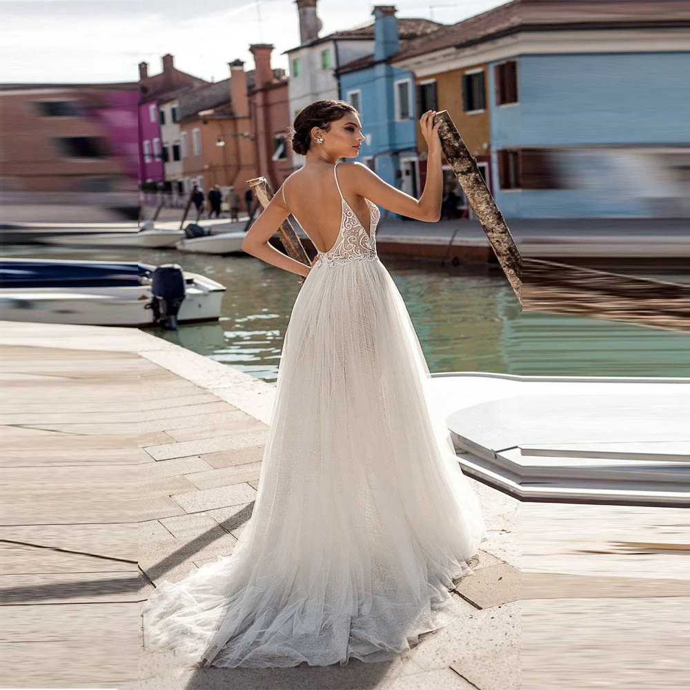 Elegante Sexy Hoge Vork Trouwjurken Voor Vrouwen Sprankelende Kant Afdrukken A-Lijn Bruidsjurken Verlovingsfeest Vestidos De Novias