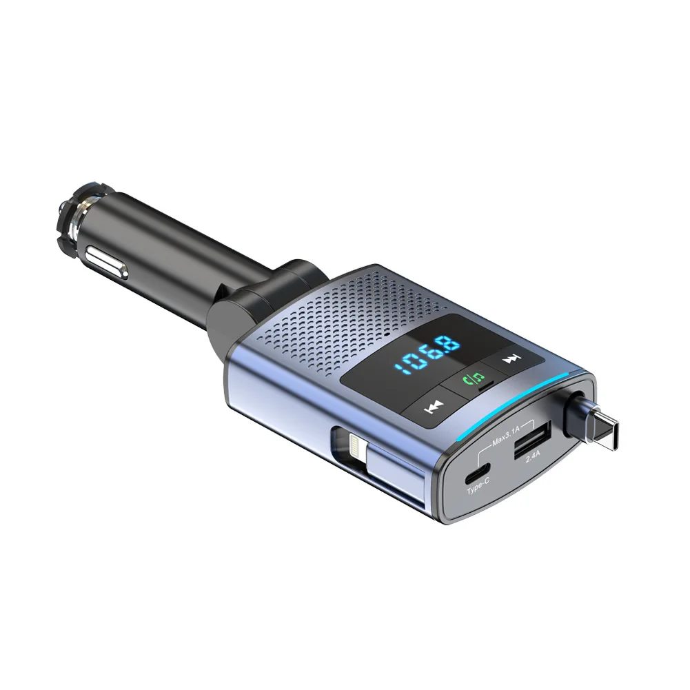 65W PD Schnellladegerät Auto Bluetooth FM Transmitter, ausziehbares Kabel, MP3 Player, Typ-C Ladeadapter, 12-24V