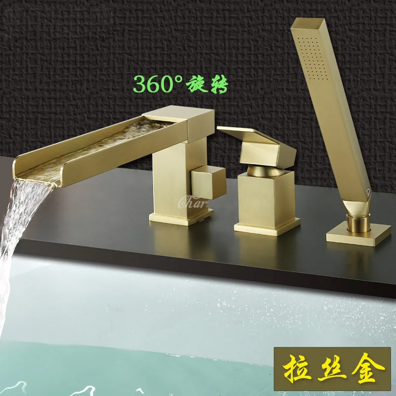 

Gothic Sanitary Ware Brass Cold and Hot Water Mixer Cylinder Side Bathtub Faucet European Brushed Gold Four PCS Set Shower Tap