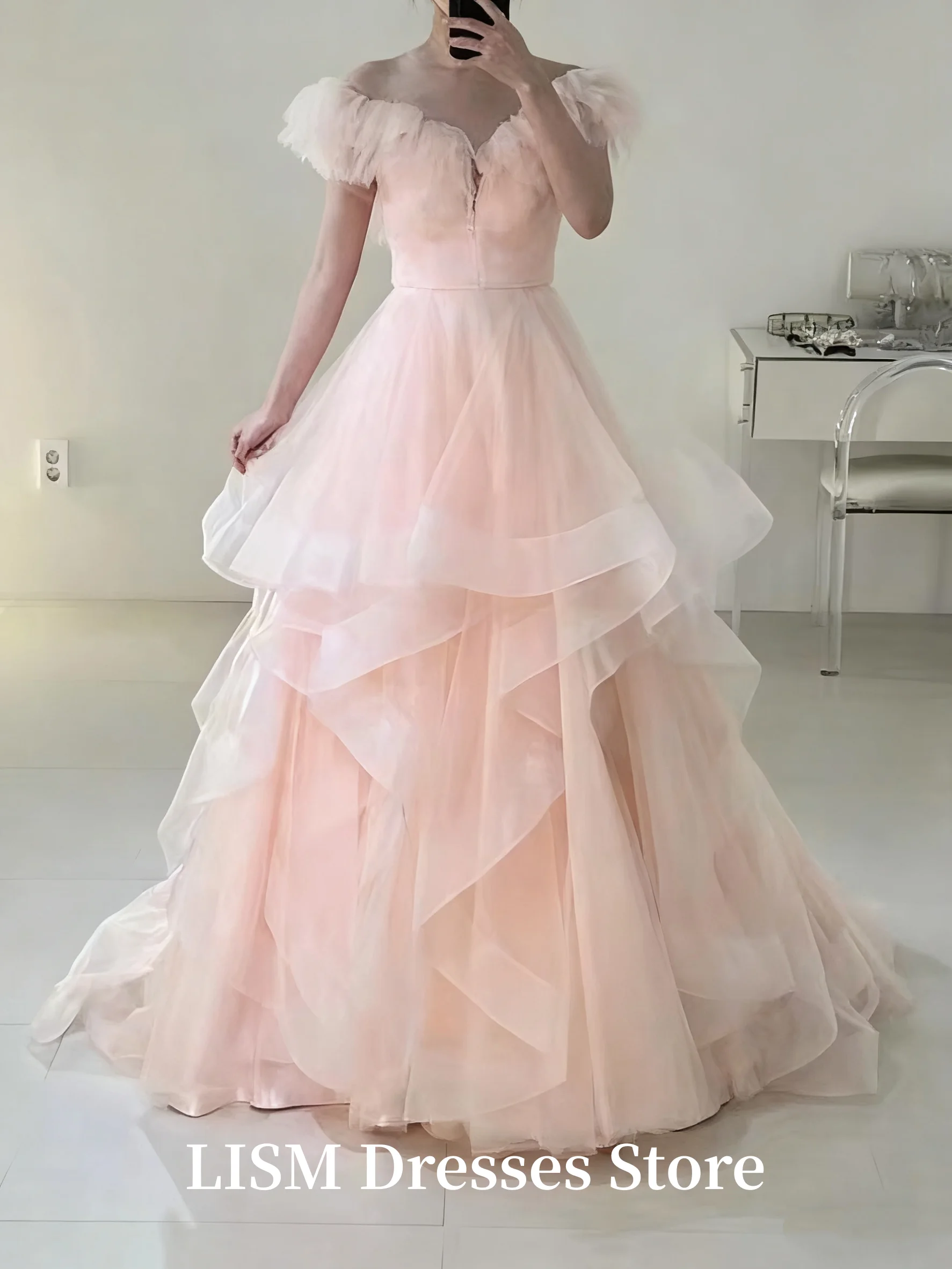 LISM فساتين زفاف فاخرة الكورية قبالة الكتف مطوي الأميرة ألف خط ثنيات ثوب الزفاف مخصص ثوب حفلة جميلة #2