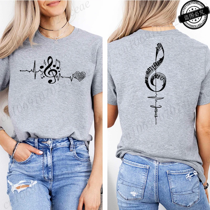 Musical Notes Printed T-Shirt for Women,Heartbeat Music Graphic Tee Shirts Clothes,Aesthetic Women's Tee T-Shirts Musician Gift