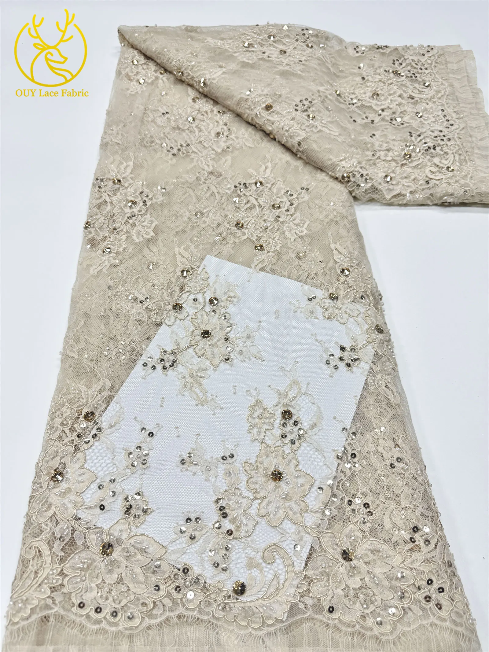 Afrikanische Diamant-Spitzenstickerei mit Pailletten, 3 Meter Marineblauer Französischer Perlen-Tüllstoff für Nigerianische Partykleider – Detail 9
