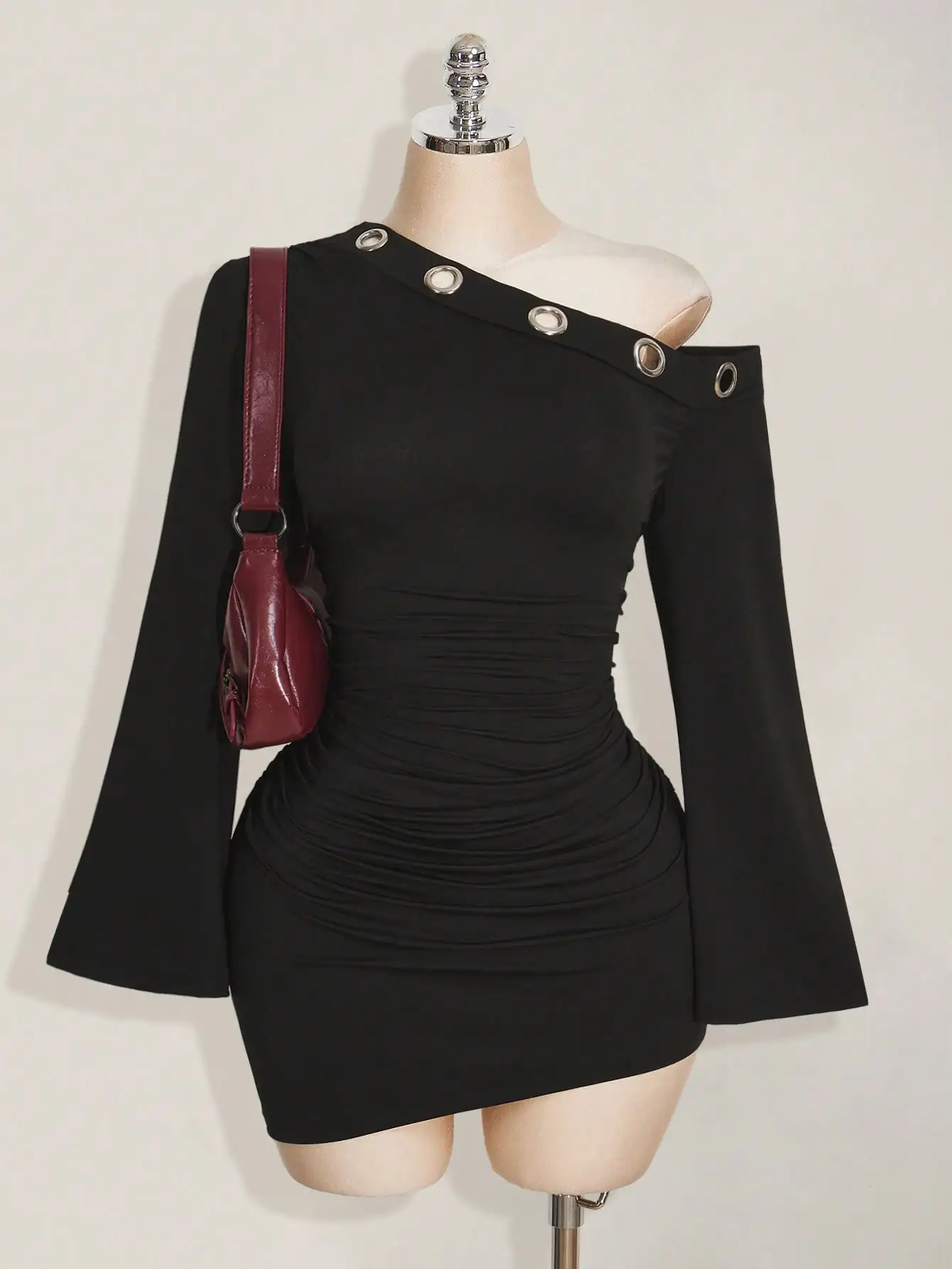 

Black Off-Shoulder Mini Dress with Metal Eyelets, Ruched Waist, Flared Sleeves