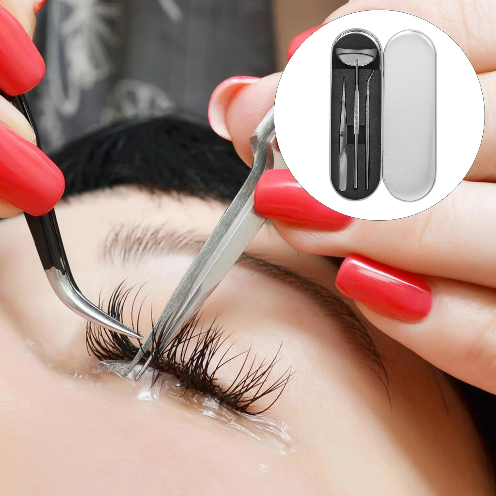 1 Set Set di strumenti per l'estensione delle ciglia Pinzette per innesto delle ciglia in acciaio inossidabile Specchio HD antiappannamento Fornitura di bellezza per salone portatile per