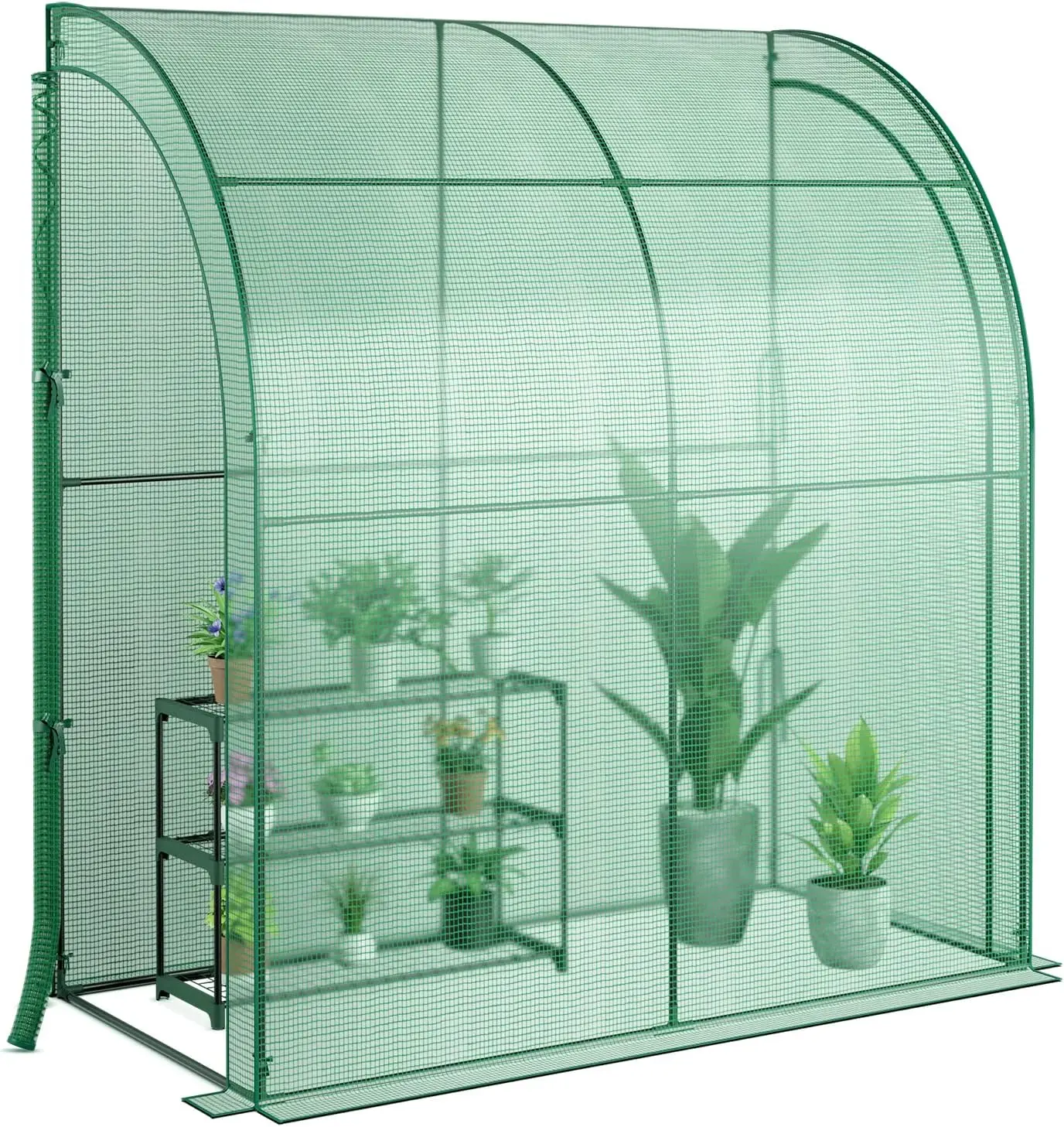 Safstar 7 X 3.5 X 7 Ft Greenhouse, Mini Lean-To Walk-In Greenhouse With 3 Tiers Flower Rack & Weatherproof Pe Cover, Roll-Up