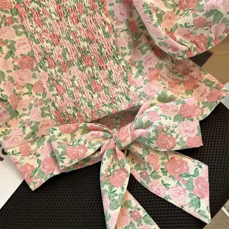 Chiffon Blouse Women's Design Sense Summer Back Tie Top New Style Elegant V-Neck Short Sleeve Floral