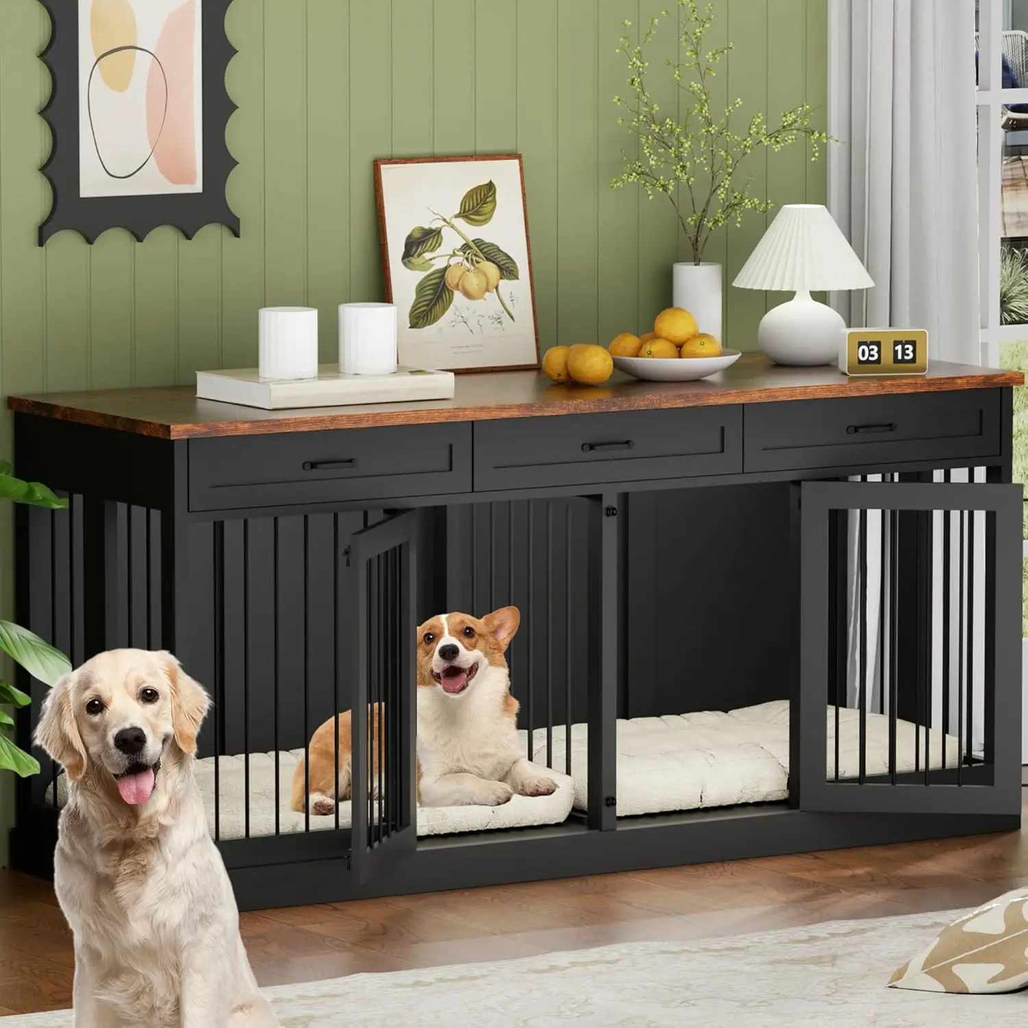 70.9 بوصة أثاث قفص الكلب ل 2 الكلاب قفص كلب مزدوج خشبي شديد التحمل أثاث بيت الكلب حامل تلفاز