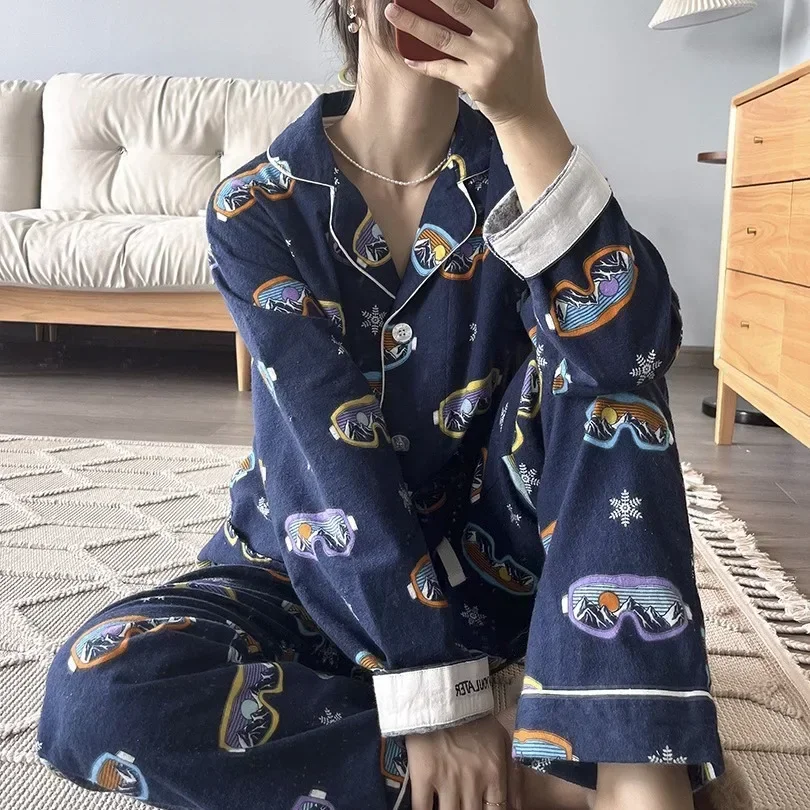 100% Cotton Pyjamas Women Set 2 Piece Cartoon Button Down Long Sleeve Sleepwear Soft Pjs Set Loose Loungewear Womens Outfits