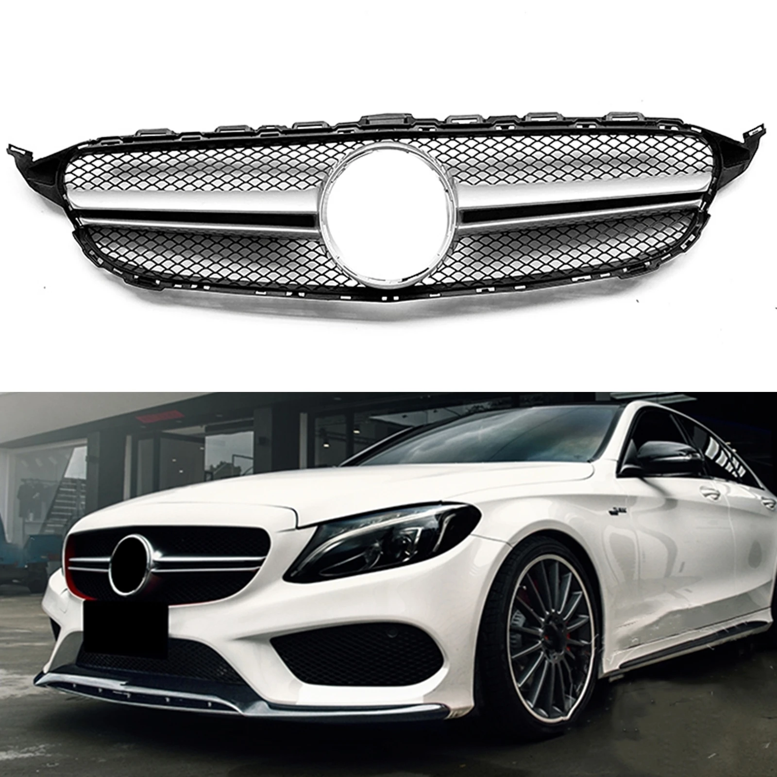 

Grille Upper Grill For Mercedes Benz C Class W205 C180 C200 C250 C300 C350 C400 C43 2014-2018 AMG Style Front Bumper Hood Mesh