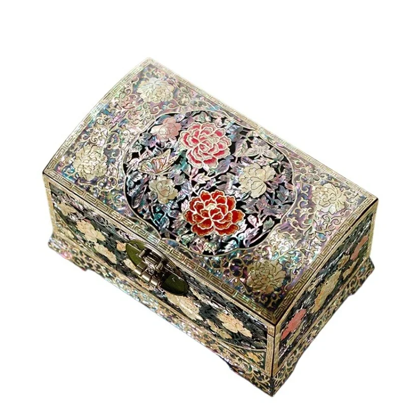 Premium Wood Jewelry Display Chest with Shell Mosaic Craft Lockable 2-Drawer Organizer for Rings Necklaces Valentine's Day Gift