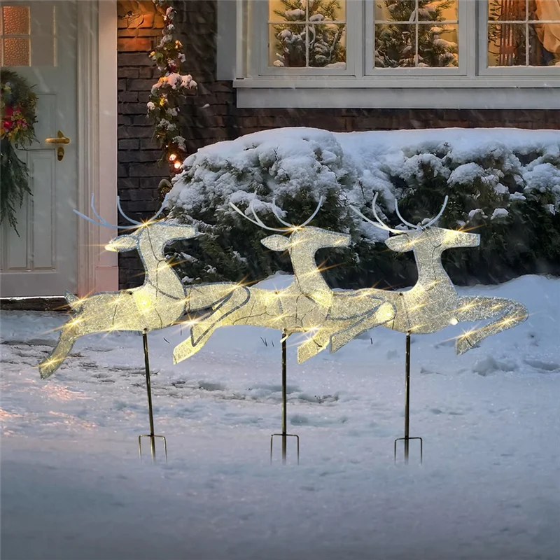 

IALJ-Home Christmas Yard Decoration, Set Of 3 Pre-Lit White Reindeer With White Lights, Light Up Glittered Standing Reindeer