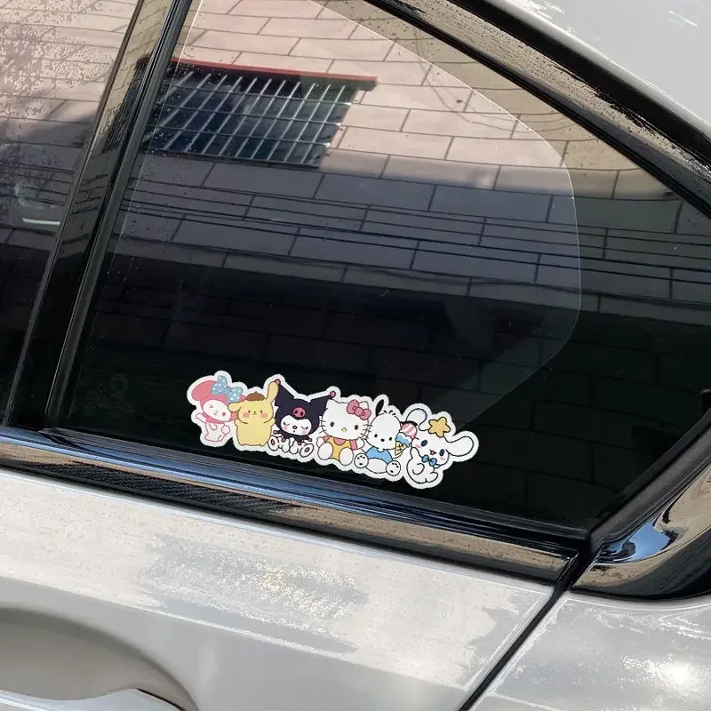 MINISO Sanrio Family HelloKitty Car Cute Decoration Cover Scratch Sticker Cartoon Melody Kuromi Electric Reflective Sticker