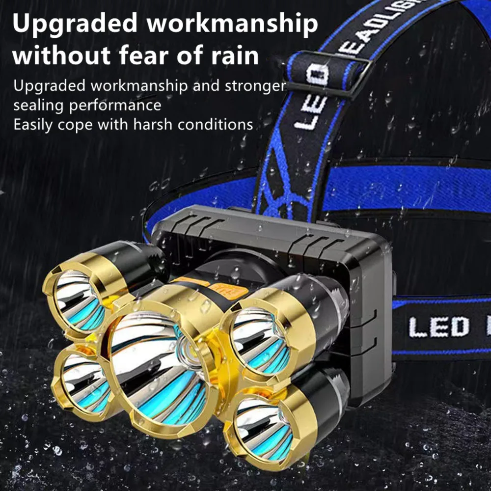 High power 5*LED Headlamp Strong Light USB Charging Headlight For Outdoor Headworn Fishing Light