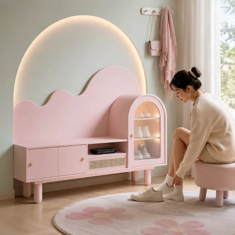 Modern simple pink cream wind solid wood paint TV cabinet beech wood storage cabinet