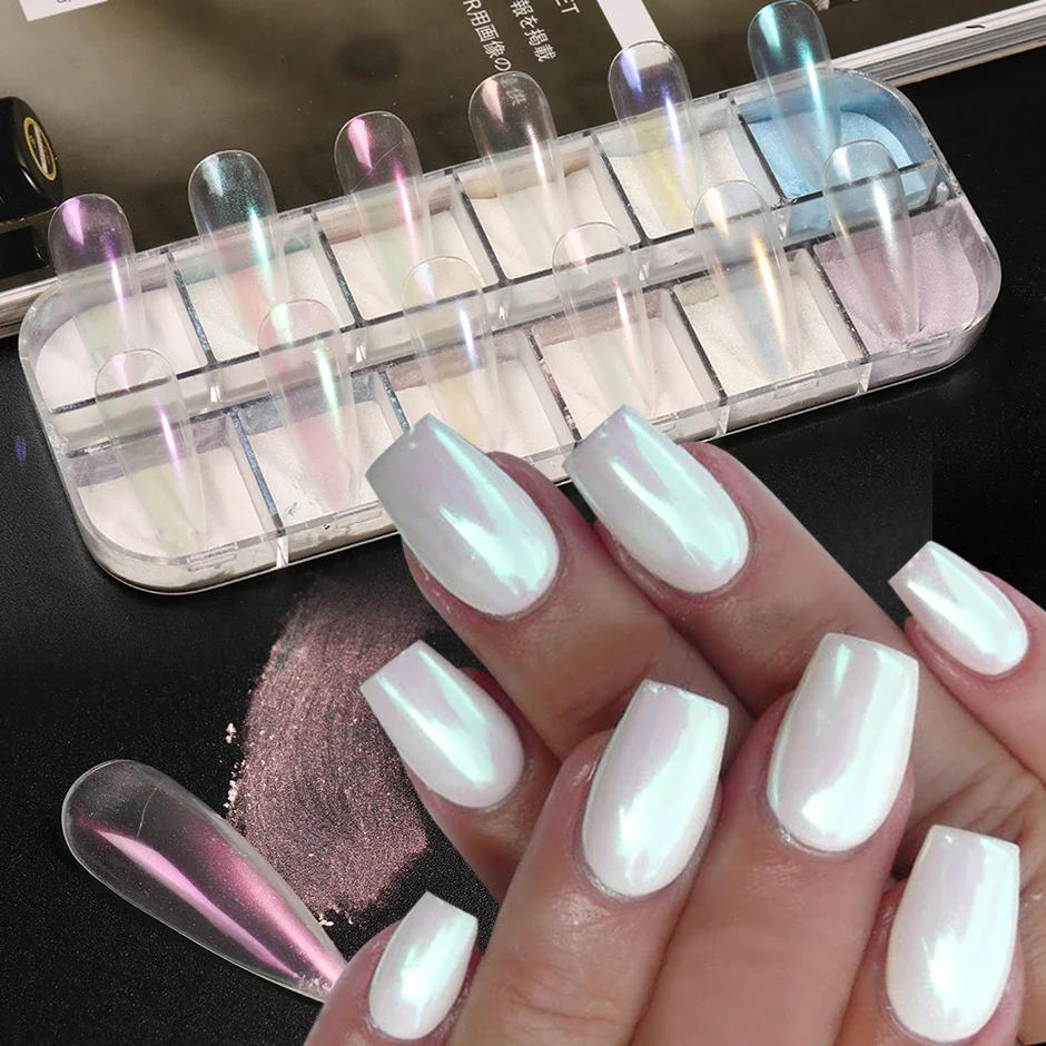 12 Grids Pearl Mermaid Colorful Nail Powder Fairy White Gloss Nails Art Pigment UV Gel Polish Mirror Chrome Dust Aurora Manicure