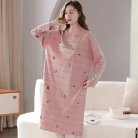 Cotton Sleepwear Women's Long Sleeve round Neck plus Size Spring Autumn Thin Dress Mid-Length One-Piece Nightgown - Image 3