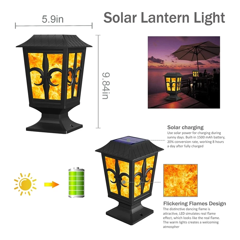 Imagem -02 - Flickering Flame Post Cap Lâmpada Led Solar Post Light Cerca da Plataforma ao ar Livre Top Garden Patio Yard 4x4 5x5 6x6