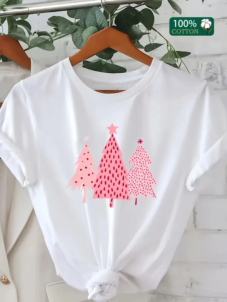 المرأة عارضة طاقم الرقبة تي شيرت هندسي الوردي شجرة عيد الميلاد نمط قصيرة الأكمام مريحة عيد الميلاد ارتداء لعوب السترة #4