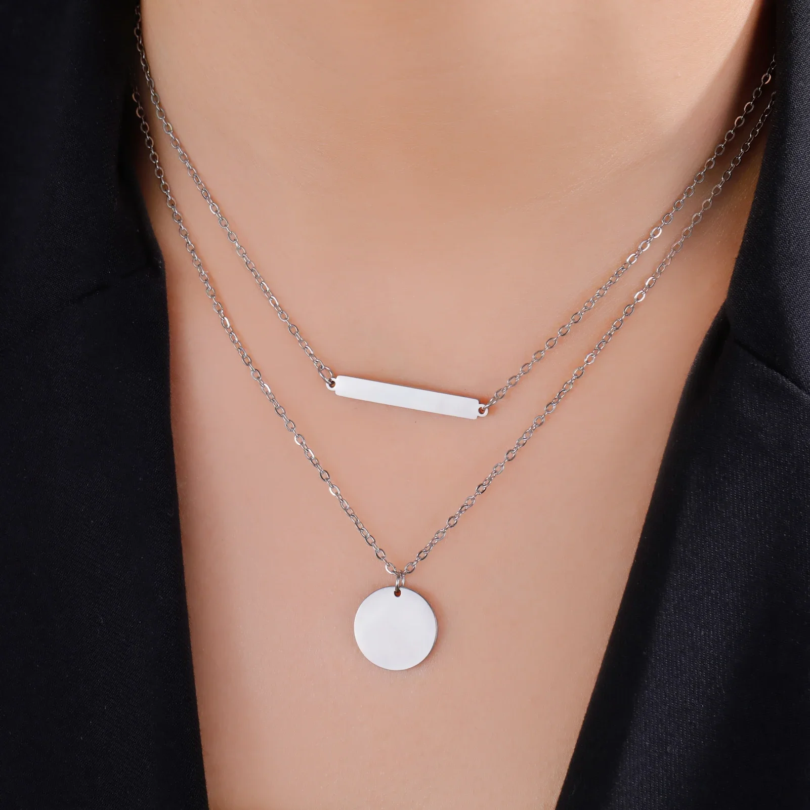 Skyrim Round and Stick Pendant Choker Necklace Women Minimalist Double Layer Chain Necklaces Stainless Steel Gold Color Jewelry