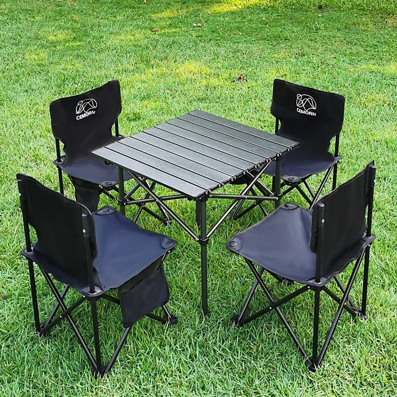 Outdoor Folding Table And Chair 5-Piece Set Black Table And Chair Portable Patio Beach Picnic Self-Driving Table And Chair Set