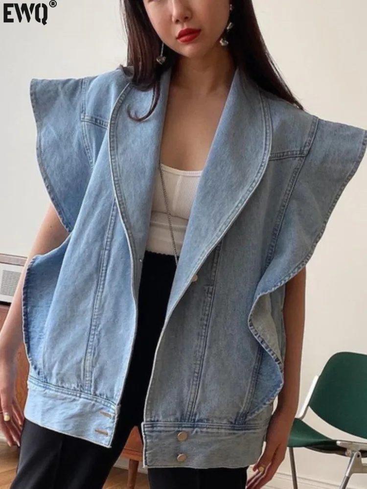 [EWQ] Chic Outerwear Casual Lapel Ruffled Loose Blue Sleeveless Vest Jacket Women 2025 Spring Summer Trendy Ladies Clothing