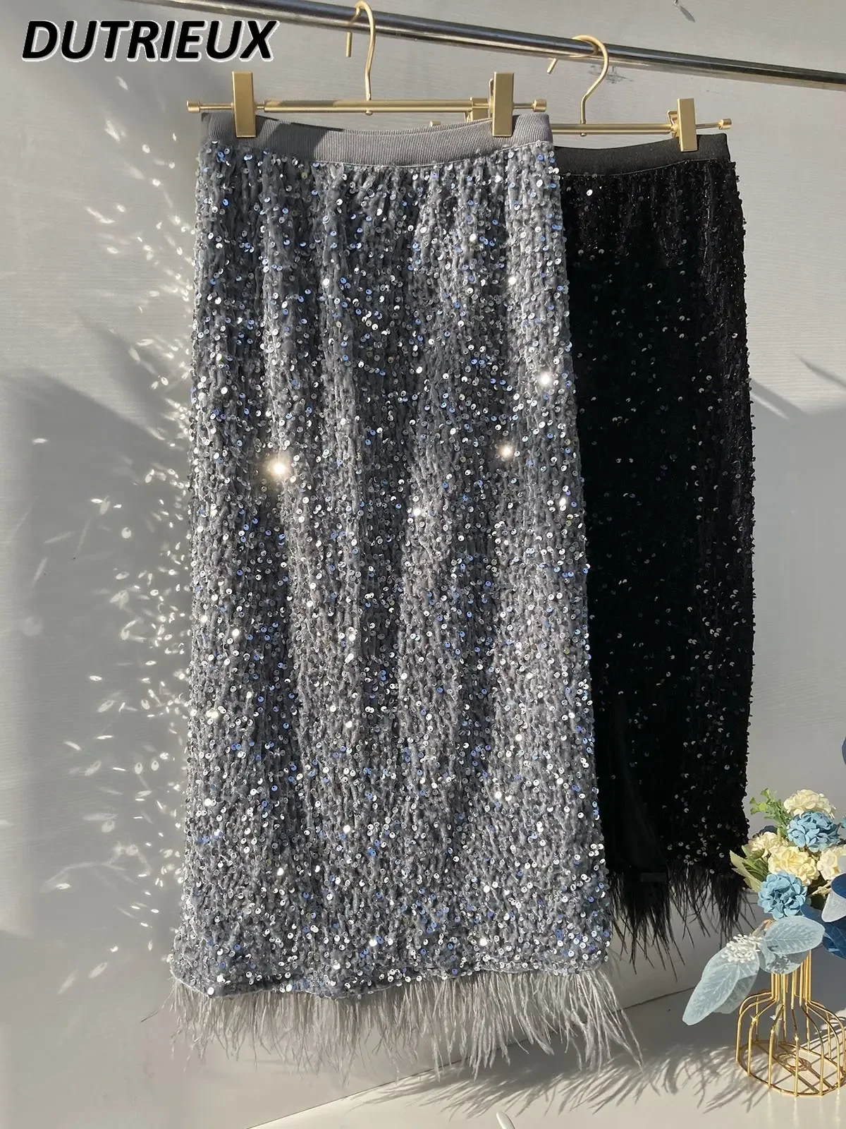 Female Sequined Mid-Length Hip Skirt Women\'s Spring Summer High Waist Slim Fit Tassel Feather Stitching Chic Shining Disco Skirt