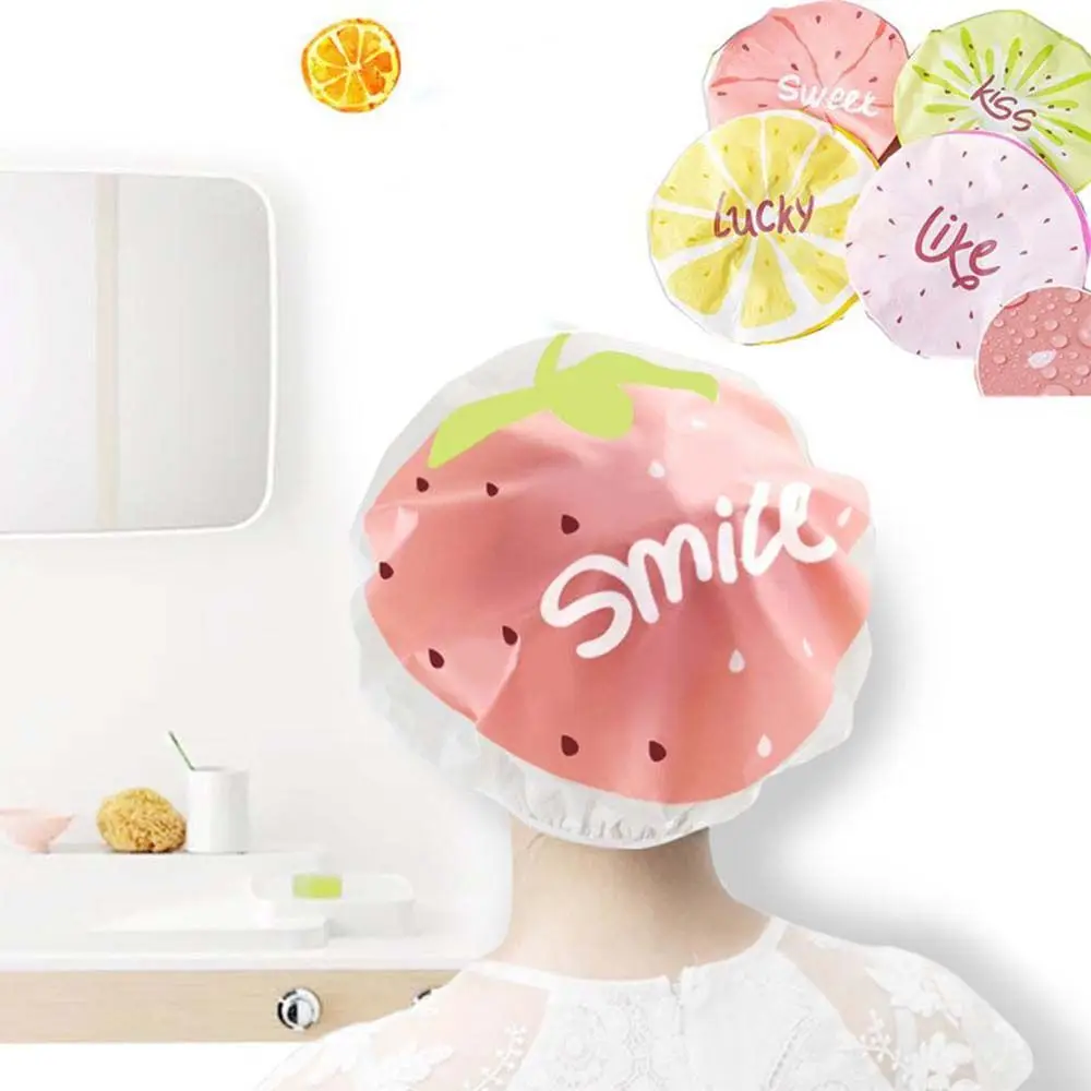 Cute Fruit Pattern Waterproof Shower Cap Cartoon Lace Elastic Band Bath Hat for Adults Women Bathroom Products