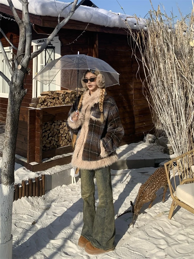 

Fluffy Plaid Woolen Coat Women's Thiened Loose Winter Cotton Jaet Retro American Sle Commute Square Collar Single Button