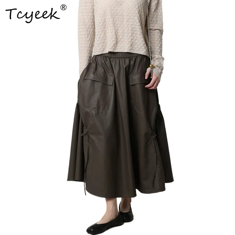 Tcyeek Elegant Real Leather Women's Skirts Cozy Sheepskin skirts for Women A-line Fashion Skirt Elastic Waist Юбка Женская