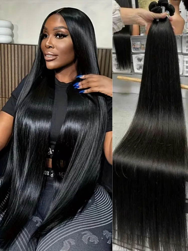 Armadura de cabello humano liso de hueso, 1/3/4 mechones, extensión de cabello humano virgen brasileño, doble trama, mechones naturales de 32 pulgadas, cabello humano