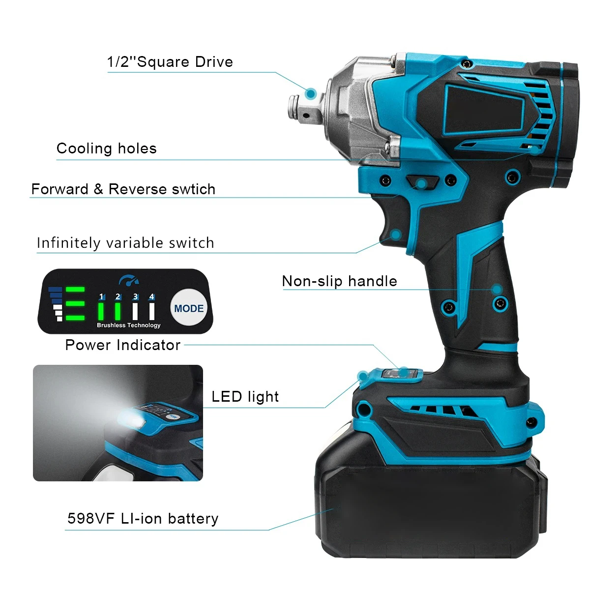 1200N.M Torque Brushless Electric Impact Wrench 1/2 Inch 8 gears Cordless Electric Wrench Screwdriver For Makita 18V Battery