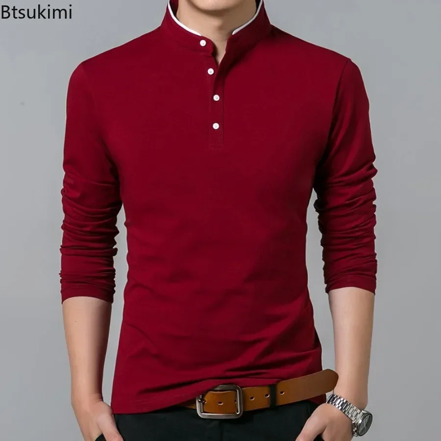 New 2025 Men's Casual Long Sleeve T-shirts Fashion Stand Collar Polo Shirt Men Business Social Solid Slim Tops Cotton Sport Tees - Image 4