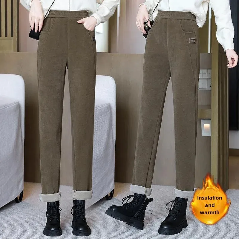 Luxury Autumn/Winter New Fleece-Lined Thickened Casual Pants Slimming Fashionable High-Waisted Warm Trousers Straight Copper Fle