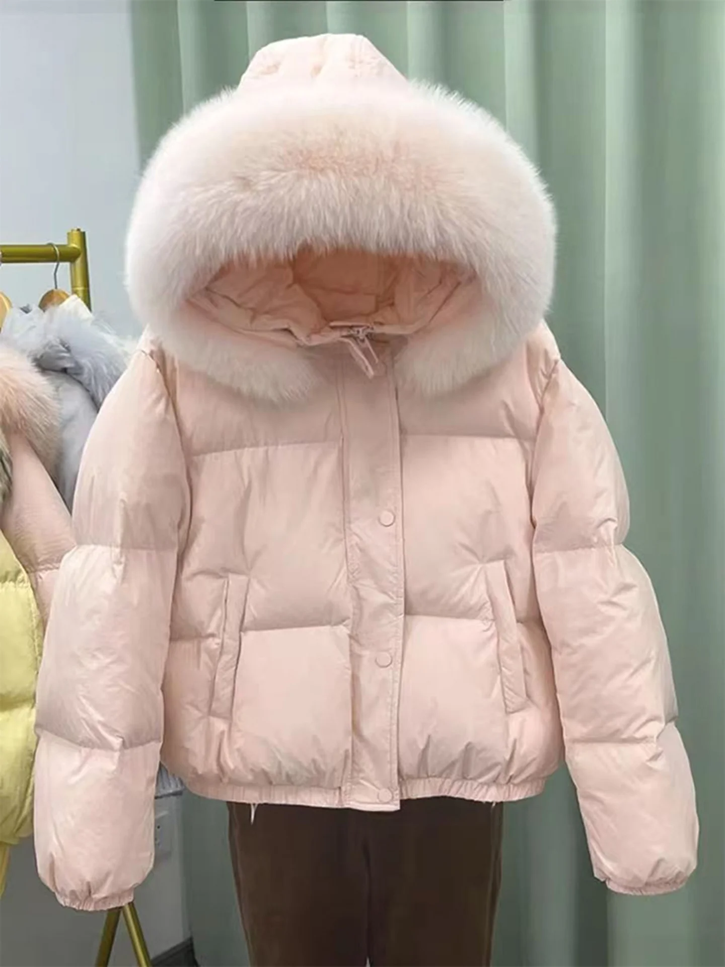 سترة قطنية نسائية قصيرة بغطاء رأس وياقة فرو وردية، معطف قطني سميك على الطراز الكوري بقصة فضفاضة