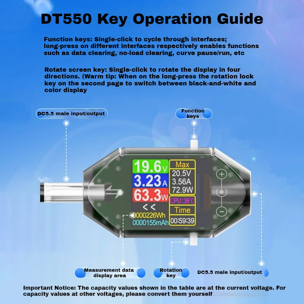 

High Precision Digital Display DC Voltage Current Power Meter DT550 DC4.5-50V 0-6A 0-600W Multifunction Tester DC5.5×2.5mm Port