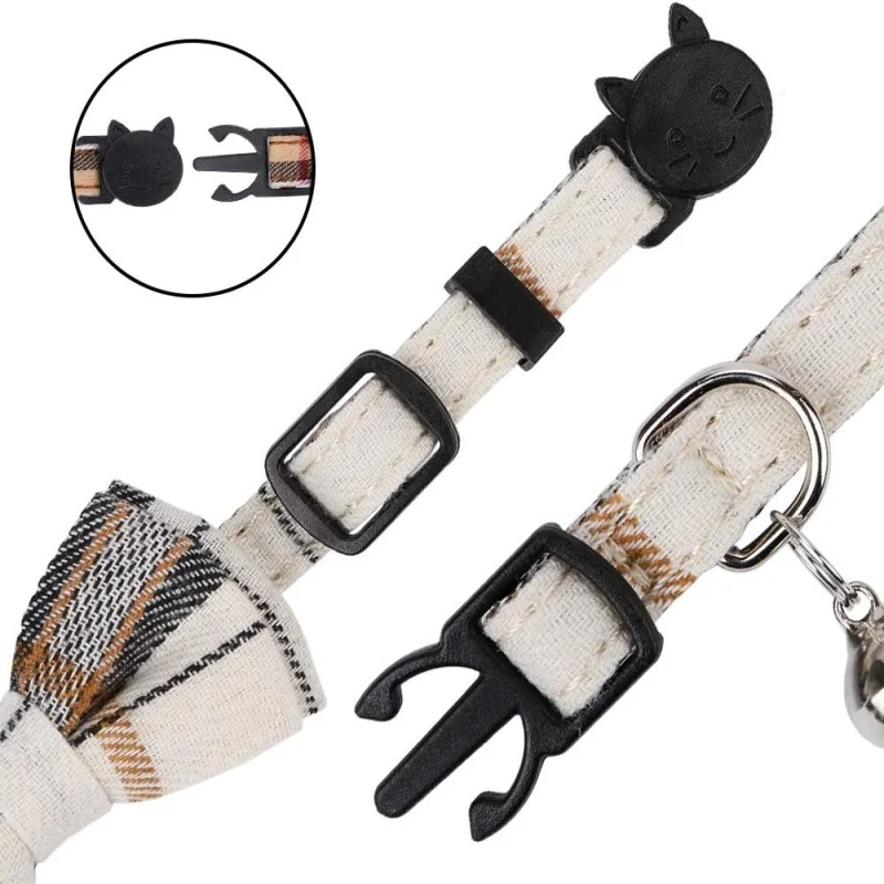 Kariertes Katzen-Halsband mit Fliege, Abnehmbares Katzen-Bandana-Halsband, 2er-Pack | Abnehmbares Bandana mit Schleife, niedlicher Charme, weicher Stoff – Detail 4
