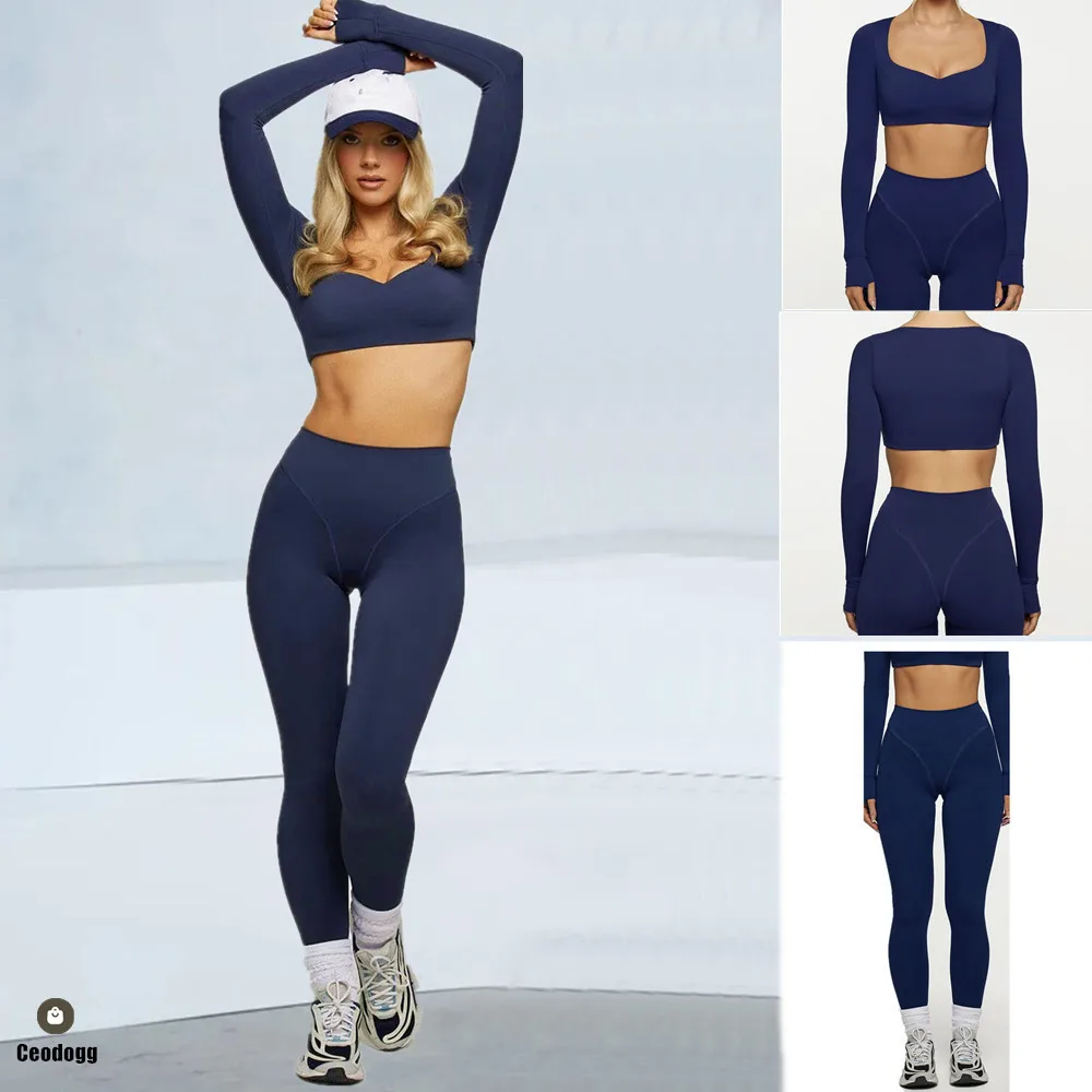 

Pad 2PCS Women Yoga Set Long Sleeve Crop Top Sports Bra High Waist Triangel Butt Leggings Fitness Pant Gym Active Wear XP222