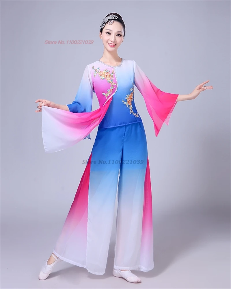 2024 chinese vintage dance costume national flower embroidery qipao tops+pants set stage performance training folk dance suit