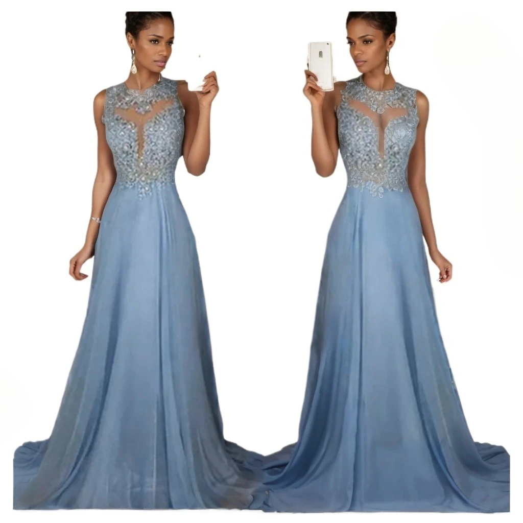 

Sexy Flowers Embroidery Sheer Backless Spaghetti Sraps Long Formal Evening Dress Light Blue