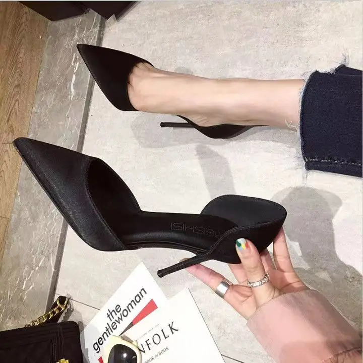 summer-silk-satin-mid-heel-women's-shoes-black-professional-versatile-pointed-toe-single-shoes-korean-style-rubber-sole