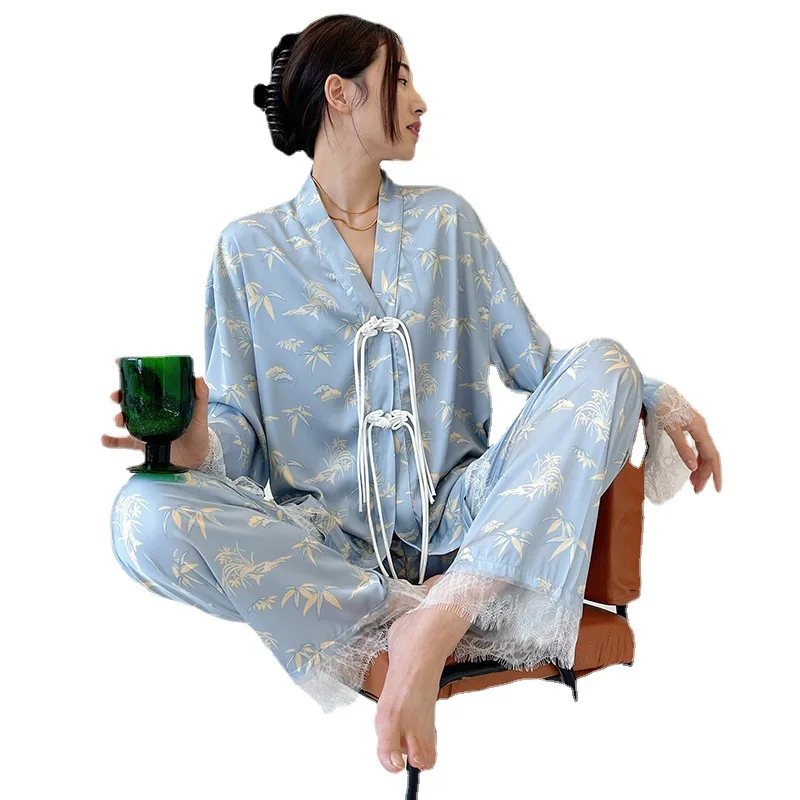 Spring Summer Chinese Style Silk Pajamas Cool V Neck Light Blue High-grade Luxury Homewear Lace Trim Youth Lady\'s Loungewear Set