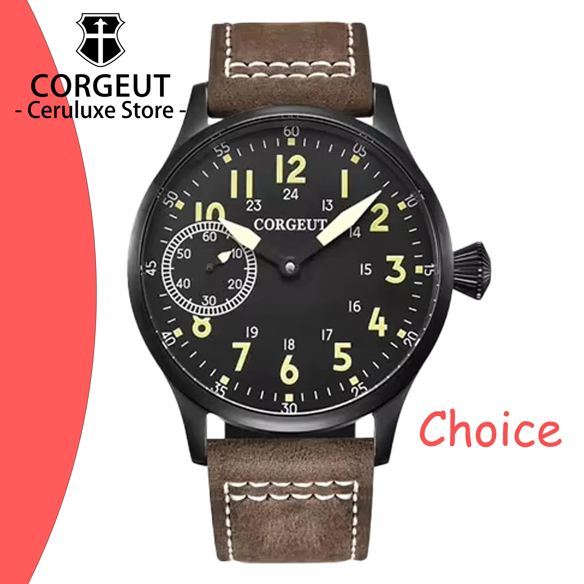 

Corgeut ST3600 44mm Fashion Mechanical Manual Watch Leather Luminous Watch for man 6497 Sport wrist watches waterproof