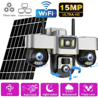 15MP Three PTZ Solar Camera Three screen PIR Human Tracking WIFI Security CCTV Surveillance IP Camera PTZ control for all 3 Lens