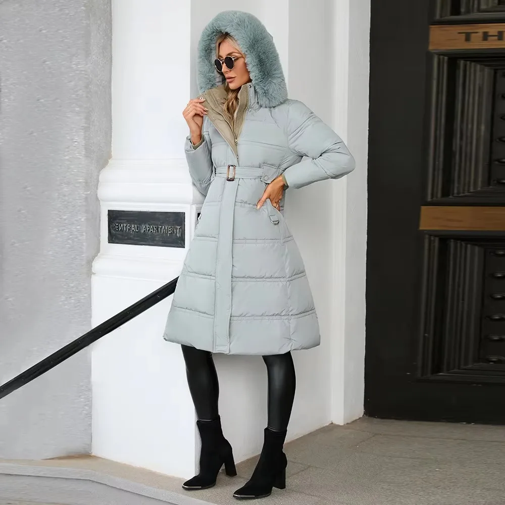 2023 Winter Women New Loose Down Jackets Long Coat Hooded Jacket Fur Collar Thick Warm Snow Wear Puffer Slim Remove Hooded Parka