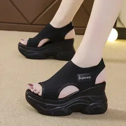 2024 Summer New Knitted Shoes Fairy Fish-mouth Wind Cake Sole High Heel Flying Weave Slope Heel Thick Sole Sports Women's Sandal