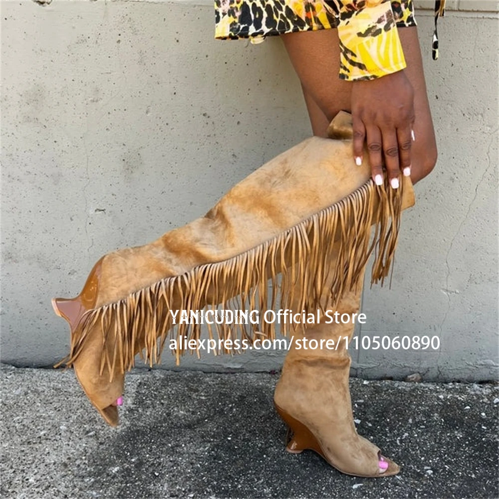 Pointed Peep Toe Knee Boots Retro Style Brown Suede Tassel Boots Novelty Strange Heel Slip-On Boots Designer Style Women's Boots